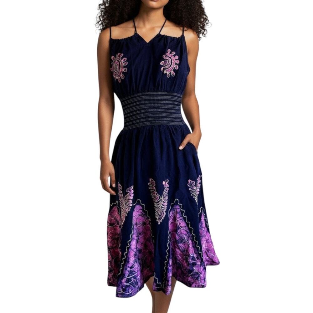 Vintage Jackpot Embroidered Tie Dye Patchwork Halter Dress Rayon Navy Midi M